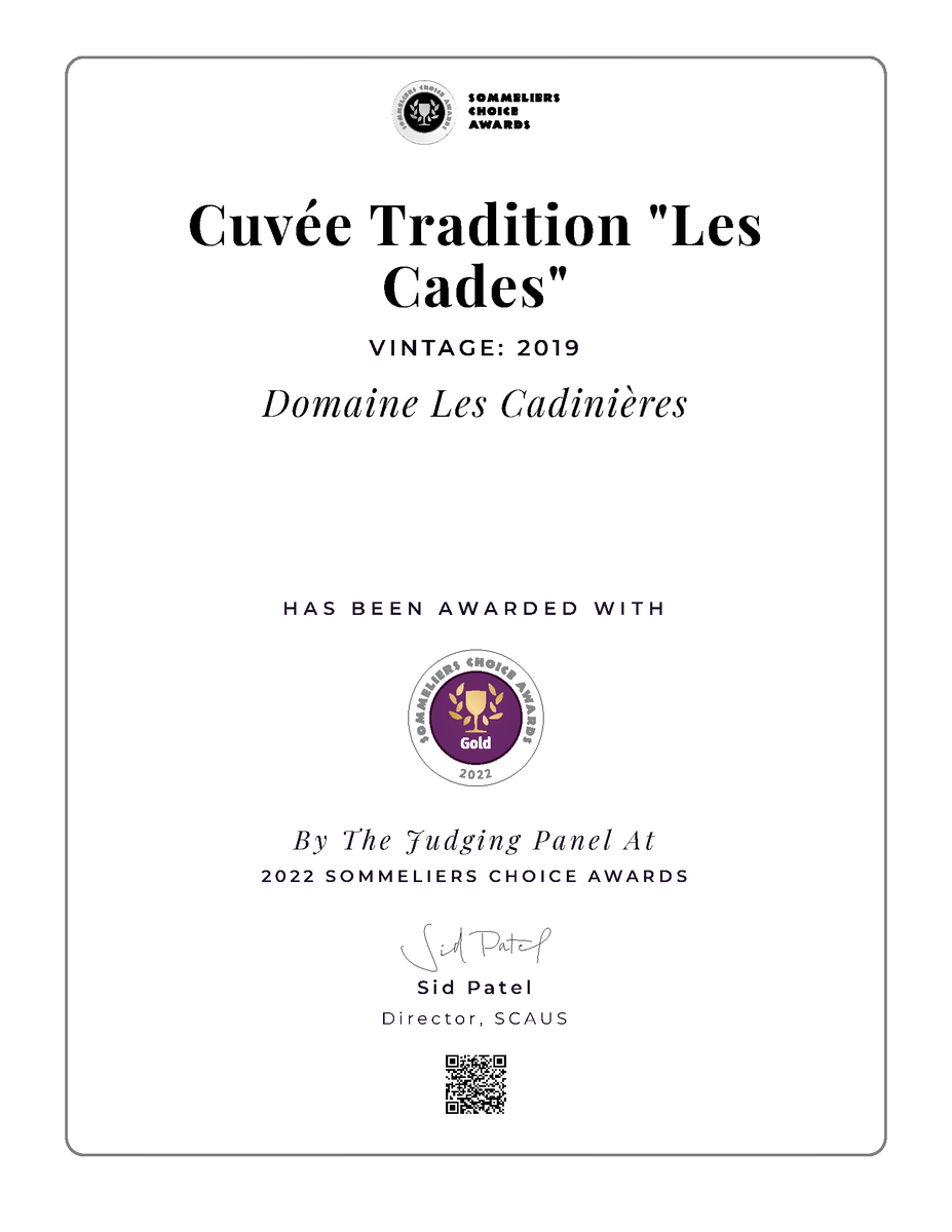 GourmetsLlc's tweet photo. We are excited to announce that our partner Domaine Les Cadinières won Gold Medal at the Sommelier Choice Awards 2022 with Cuvée Tradition "Les Cades" 2019 https://t.co/Egl6QYUKt5