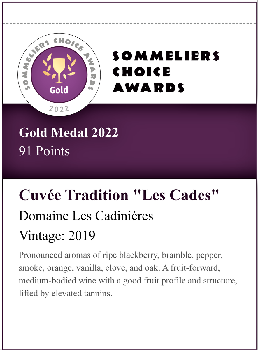 GourmetsLlc's tweet photo. We are excited to announce that our partner Domaine Les Cadinières won Gold Medal at the Sommelier Choice Awards 2022 with Cuvée Tradition "Les Cades" 2019 https://t.co/Egl6QYUKt5