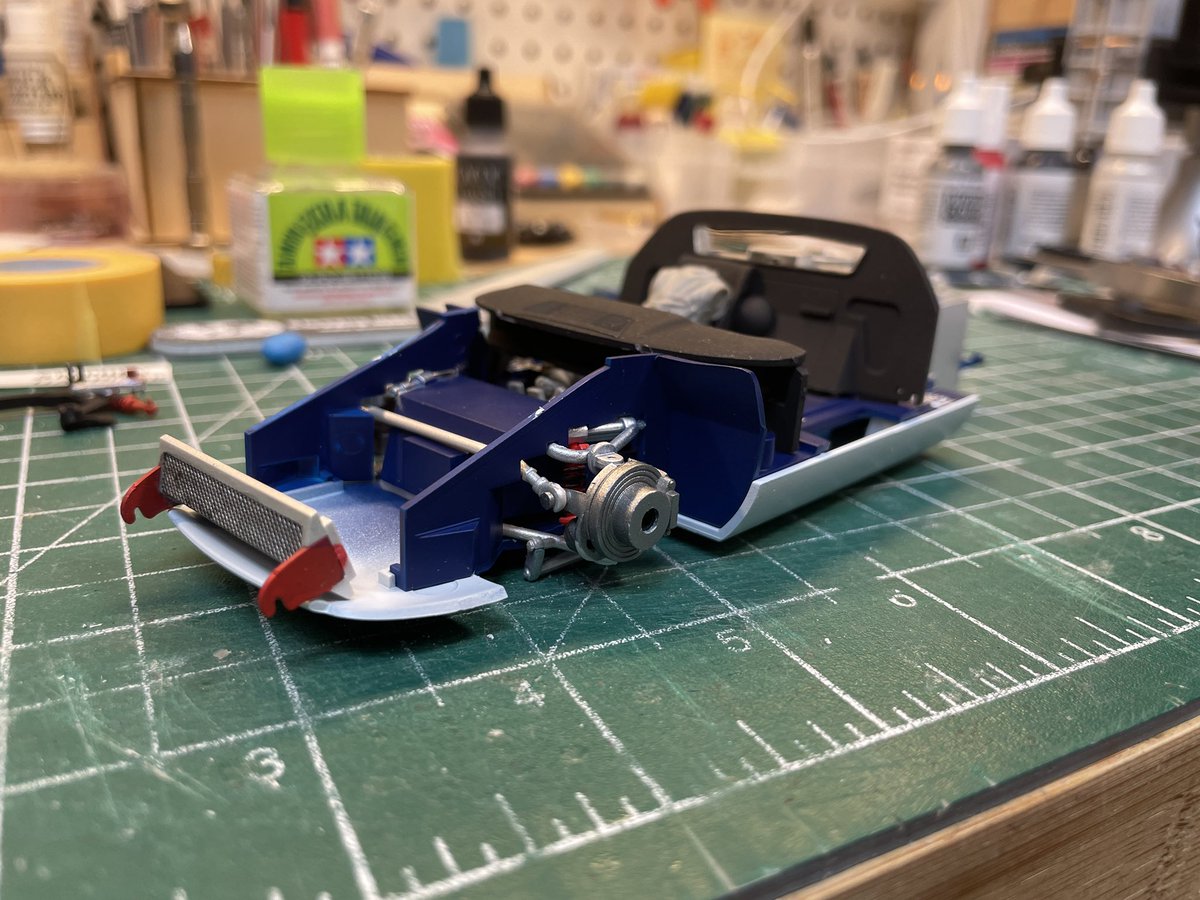sjgardin's tweet photo. Threw some more paint today, & starting to get some sub assemblies together for test fitting, really starting to look like a car now. Starting to work on modifications to the after market driver figure to get it to fit #ScaleMode #ModelMaking #LeMans24 https://t.co/84ltsTwLVe