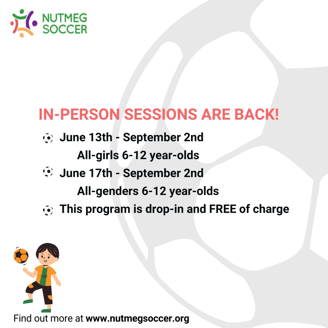 <a href="/NUTMEG_SOCCER/">NUTMEG - Toronto</a> in-person programming is back in #Toronto #free for #kids 6-12 y/o. Mondays and Fridays 6-8PM. Check nutmegsoccer.org.
