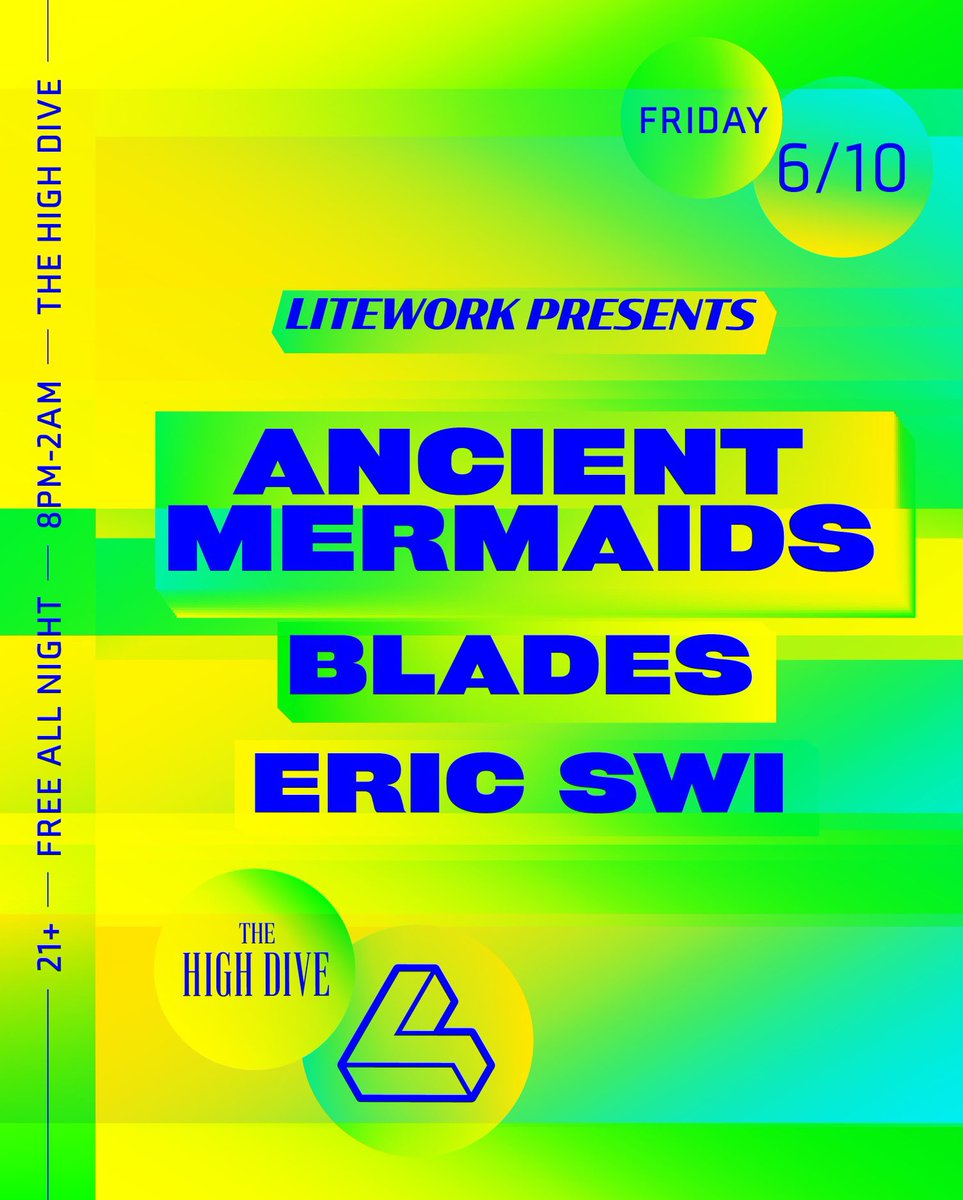 LiteWorkDET's tweet image. TIME FOR A SWIM!

LiteWork is joined by @ancientmermaids this Friday, June 10th at @HighDiveDetroit in Hamtramck

Opening the evening will be residents @blades_music and Eric Swi

Doors at 8
Free all night
21+