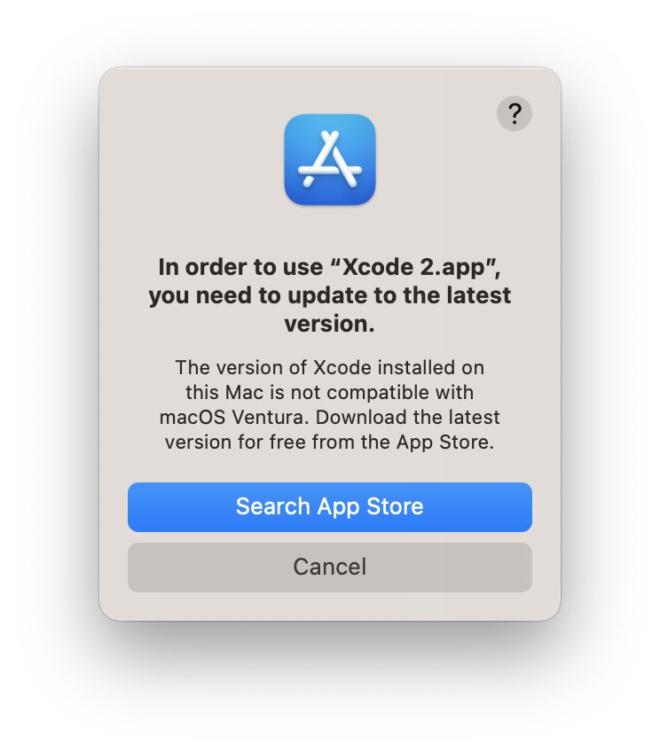 ozapps's tweet image. How can I get #Xcode13 to work on #macOSVentura I have #Xcode14 but I need to get an earlier version to test too. It tells me that I need 13.4.1 and then it also tells me that 13.4.1 is not compatible, and I have given up on the AppStore and dev site after 10 failed attempts.