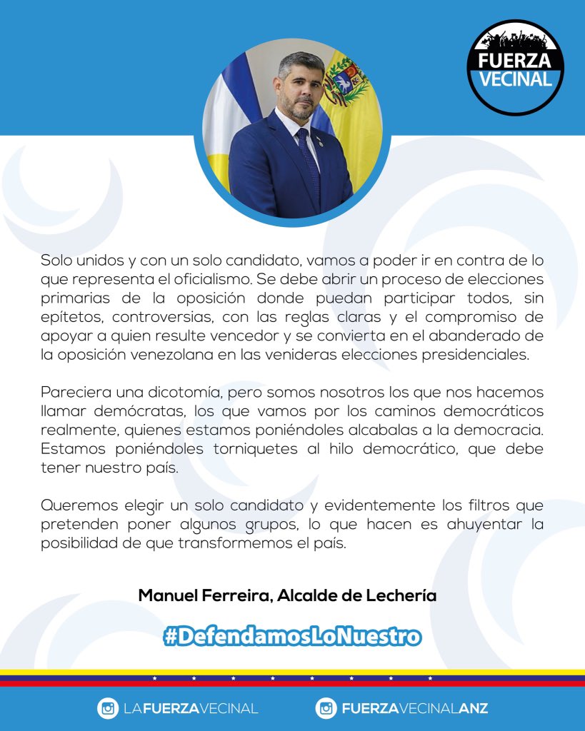 FuerzaLecheria's tweet photo. Desde @lafuerzavecinal buscamos la mejor opción, que apueste a la democracia y la transformación de nuestro país a través de primarias que nos permitan contar con un candidato unitario que le haga cara al oficialismo en las venideras elecciones presidenciales. https://t.co/wFhXjYWhli