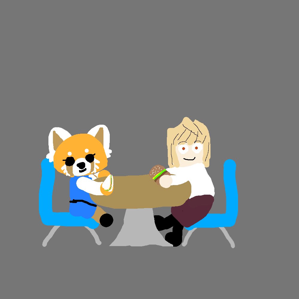 Hello! Today I decided to draw me hanging out and eating lunch with one of my favorite anime characters. Retsuko from Aggretsuko! She’s eating a sandwich and I’m enjoying a delicious burger, I’m quite fond of them. Maybe tomorrow I will draw her and I in our “aggressive” forms...