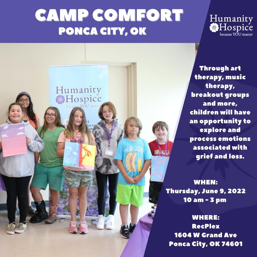 #CampComfort in Ponca City is this Thursday! If you know a child who would benefit from learning coping skills surrounding grief, loss and/or separation, sign them up today. For more information or to reserve a spot, call 855-782-2222.