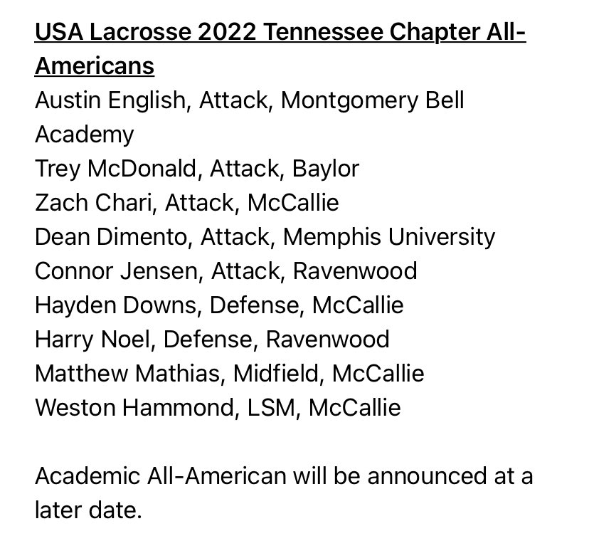 2022 All-Americans have been announced! Congrats to these nine young men! <a href="/McCallieLax/">McCallie Lacrosse</a> <a href="/MBALacrosse/">MBA Lacrosse</a> <a href="/BaylorLacrosse/">BaylorSchoolLacrosse</a> <a href="/OwlBuzz/">MUS Athletics</a> <a href="/LaxRavenwood/">Ravenwood Raptors boys Lacrosse</a>
