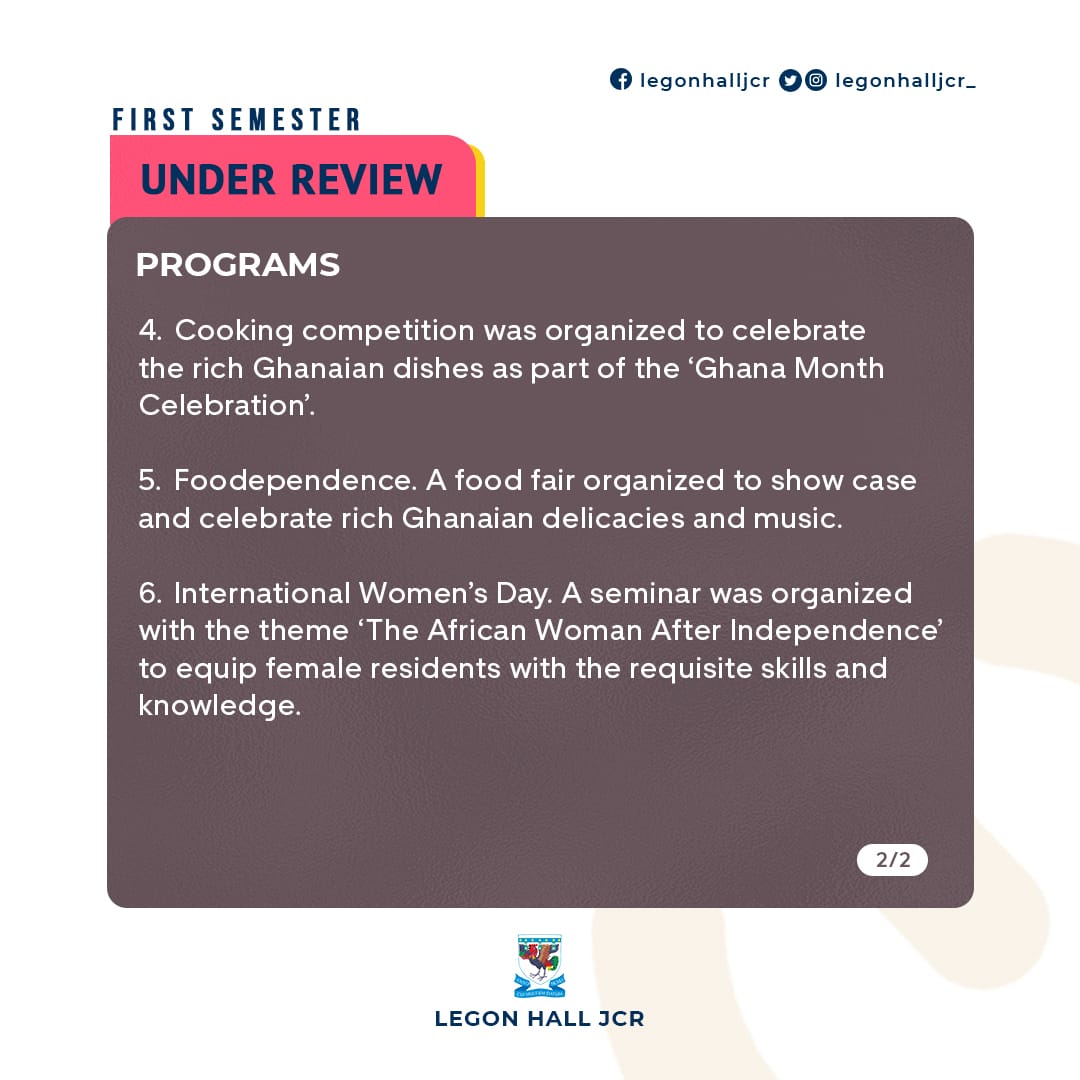 First Semester Under Review of the 2021/22 Administration.

#Programs
#legonhalljcr