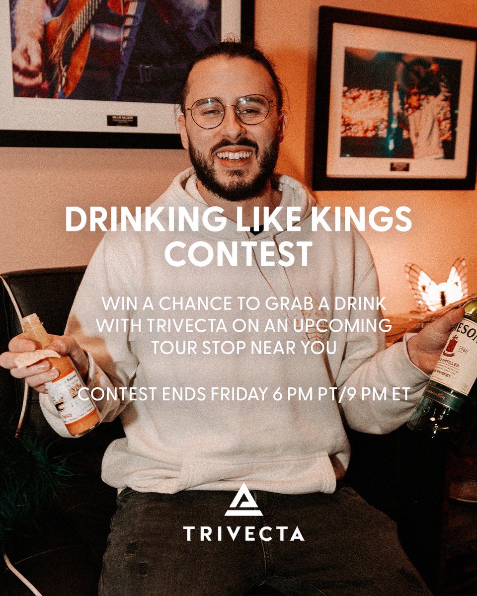 TrivectaMusic's tweet photo. Wanna grab a drink with me before a show? Here’s your chance. Just comment whatever city you’re gonna be seeing me in, tag your squad, and RT this post. You’ll be entered into the contest for a chance to do a meet up for drinks before the show. Good luck and see ya on the road 🤙 https://t.co/6wO2KXQD1L