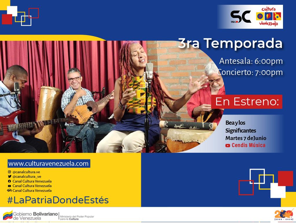 Hoy #7Jun no puedes perderte de otra entrega de la 3ra temporada  #SesionesCendis. 

#EnEstreno con -Bea y los Significantes-

🖥️ Transmisión en conjunto con <a href="/CendisMusica/">Centro Nacional del Disco (Cendis)</a> y #CulturaVenezuela 
👉🏽culturavenezuela.com/emision-en-dir… 

<a href="/VillegasPoljak/">Ernesto Villegas Poljak</a> <a href="/SergioArria/">Sergio Arria</a>

#AméricaSoyYo