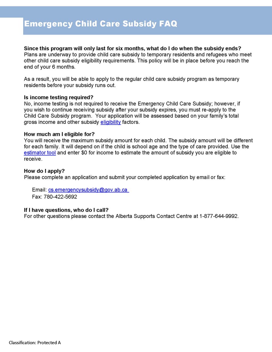 Displaced Ukrainian families can apply up until March 31, 2023 to receive emergency child care subsidy for 6 months, through the Child Care Subsidy Program
@AECEA_ <a href="/CCCF_FCSGE/">Canadian Child Care Federation</a> 

alberta.ca/support-for-uk…  - detailed information is found under the child care tab.