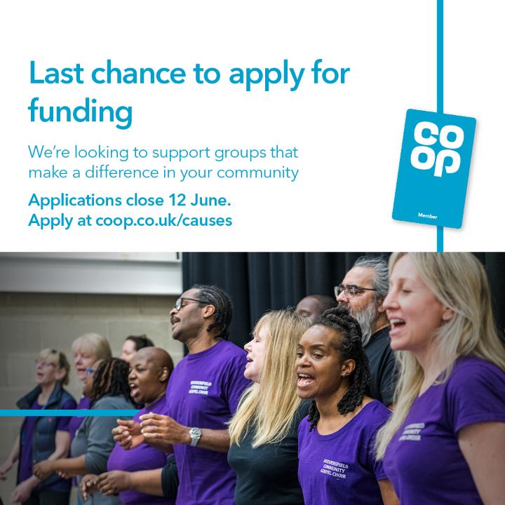 Final week to apply for the Local Community Fund. If you’re a group making a difference to your local community, submit your application now for funding at coop.co.uk/causes. Applications close at midnight on Sunday 12 June.