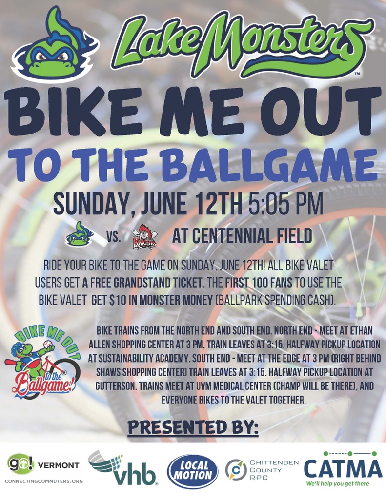 CATMA_VT's tweet photo. Bike to the Lake Monster home game this weekend, and get a free grandstand ticket!⁠
⁠
The first 100 fans to the game get $10 to spend on Monster Money!⁠
⁠
Follow the link to find out more!⁠
https://t.co/cTOtS4VxmR https://t.co/LhkeyVYllF