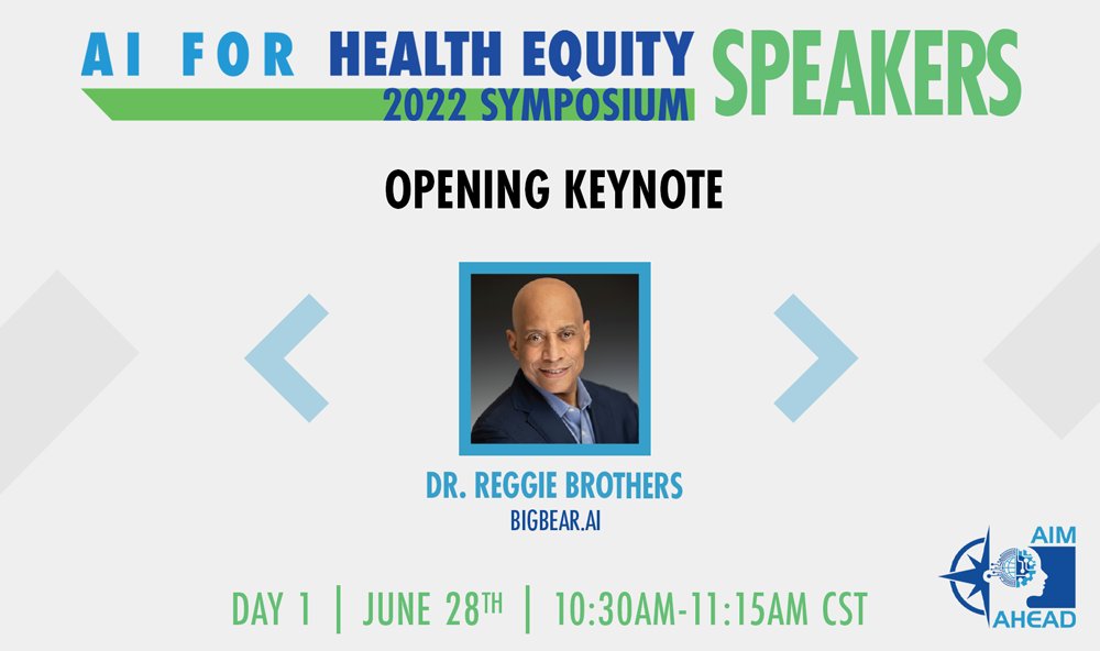 AIM_AHEAD's tweet photo. Join us for the #AIHES2022 to discuss cutting edge #AI and #ML applications on #Biomedicine and Beyond! Our lineup features leading experts in the field, and includes Opening Keynote Speaker, @ReggieBrothers of @bigbearai. 
Register: https://t.co/aCiwYU30Db https://t.co/EKhSotJOxF