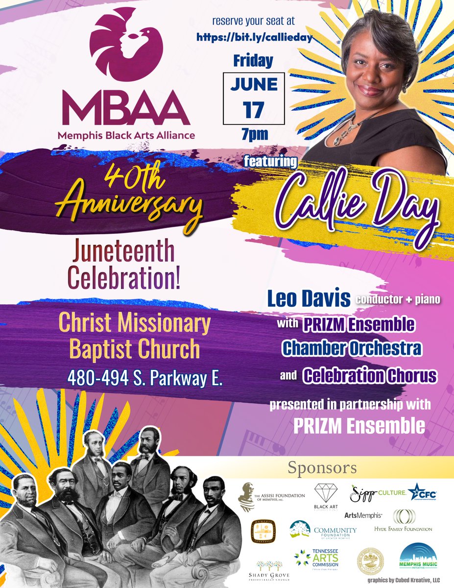 MBAAFireHouse's tweet photo. We are proud to commemorate our 40th Anniversary with this FREE Juneteenth Celebration feat. @CallieSings with @PrizmEnsemble! https://t.co/YsZSZdGn23