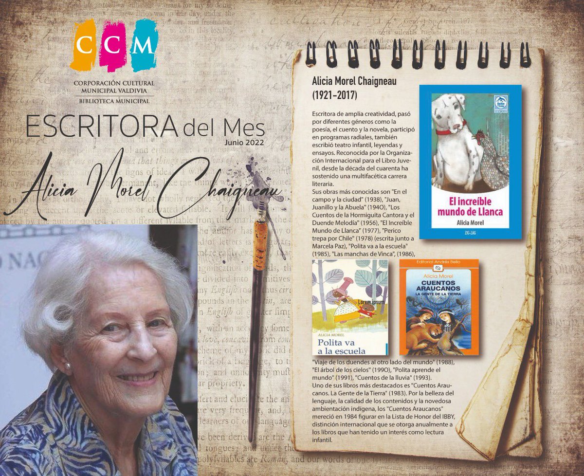 #Escritoradelmes <a href="/bibliotecavaldi/">Biblioteca valdivia</a> Alicia Morel reconocida escritora de la literatura infantil nacional. Su éxito obligó a editar sus obras un treintena de veces, como es el caso de #PericotrepaporChile  <a href="/BPLosRios/">Red Bibliotecas Públicas Los Ríos</a> <a href="/culturaslosrios/">Culturas Los Ríos</a> <a href="/munivaldivia/">MuniValdivia</a> <a href="/MunicipalVald/">Teatro Municipal Val</a> #ValdiviaCL