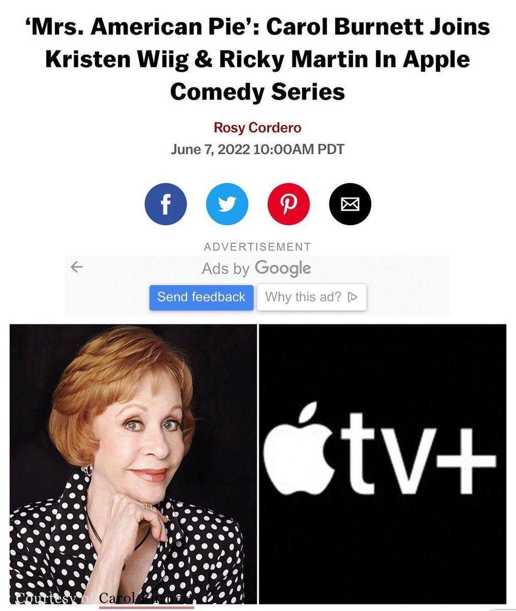 ricky_martin's tweet photo. Emmy, Grammy, and Tony winner Carol Burnett has joined the cast of Mrs. American Pie, the Apple comedy series starring Kristen Wiig, Ricky Martin, Josh Lucas, Allison Janney, Leslie Bibb, Laura Dern among others. https://t.co/rcVvwTvoyT