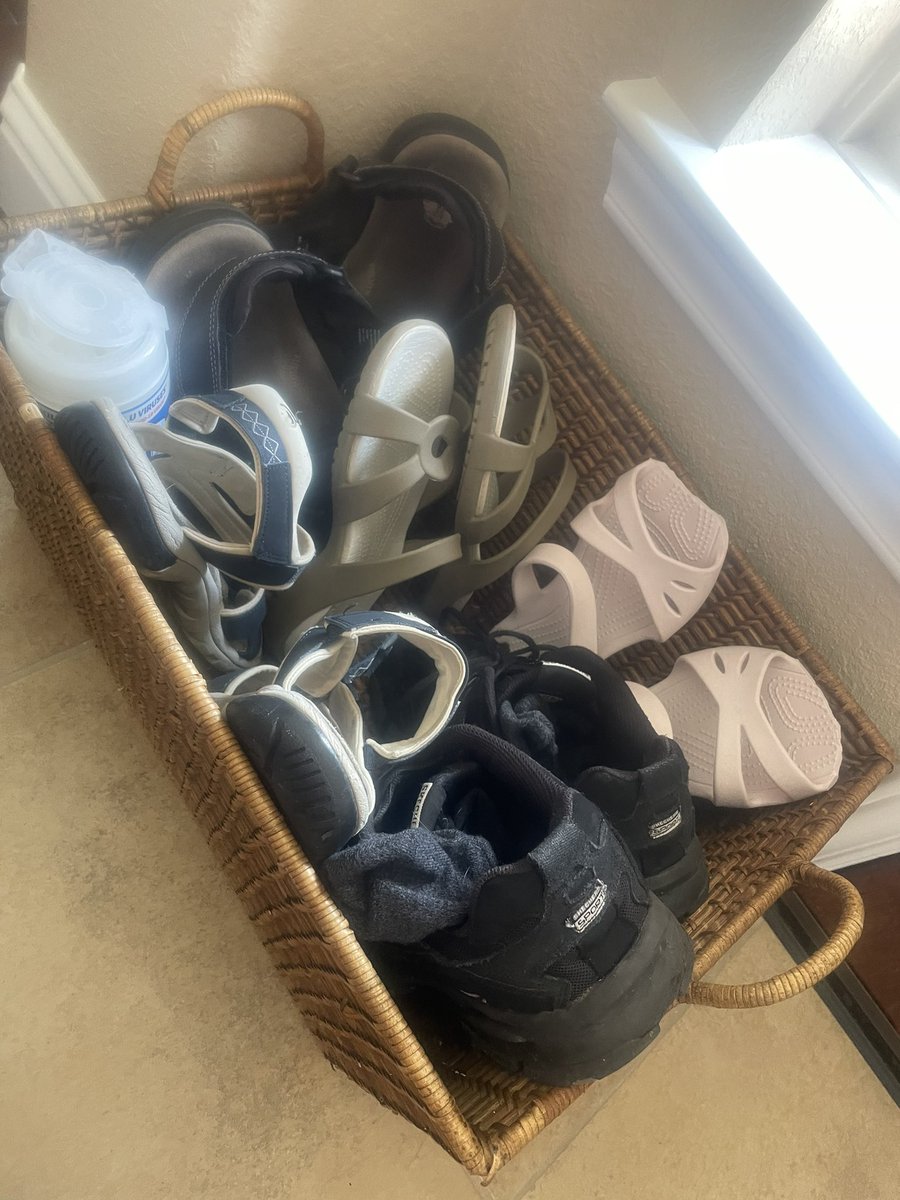 shererclass's tweet photo. Yep! Teacher summer work includes cleaning of the shoes! Green and blue play doh, tape and I can’t figure out what this may be from recess! #fiestprek #takeyourshoesoffatthedoor https://t.co/i1Zb0us3KC