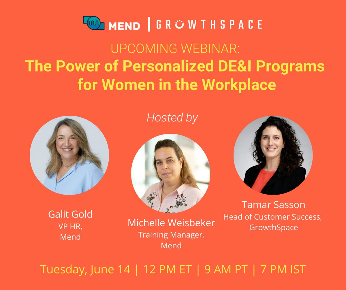 trygrowthspace's tweet image. How are you approaching DE&amp;amp;I in the workplace? Join our June 14th webinar to learn how @Mend_io is walking the #DEI talk, empowering women in engineering &amp;amp; R&amp;amp;D through personalized one-on-one professional development. 

Register for your spot today: ow.ly/je1l50JrRQO