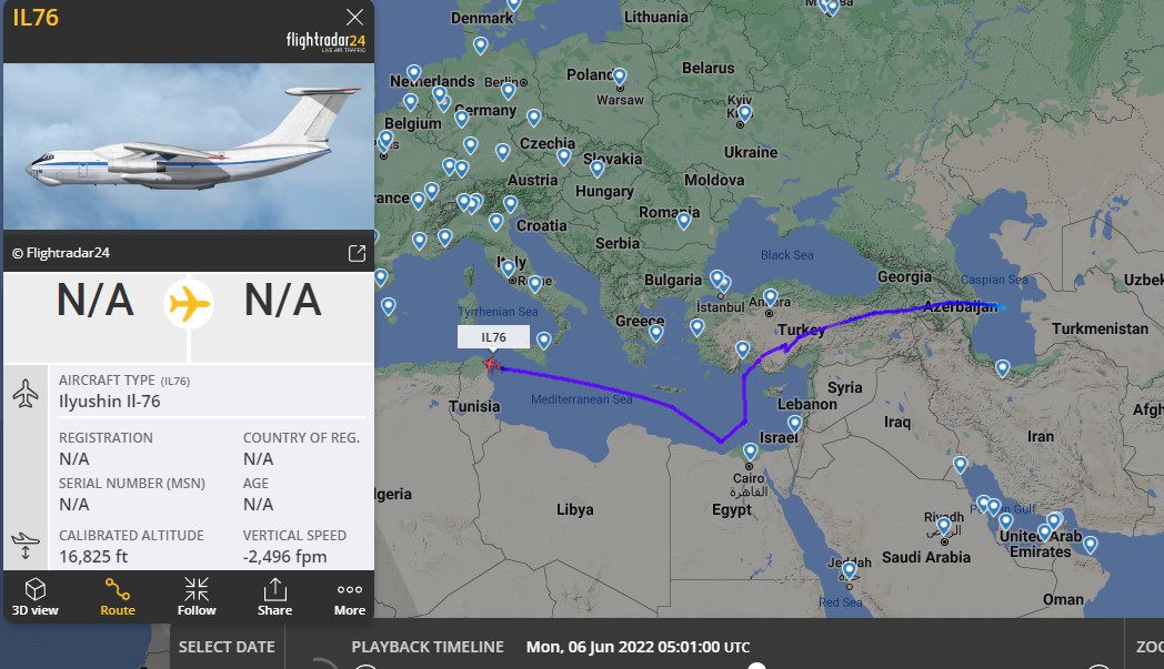 Laurent_Le_Bloa's tweet photo. @Gerjon_ @flightradar24 IL76TD #FSQ4921 fm #Turkmenbashi to #Espargos via #Tunis https://t.co/hV7R3TNc63