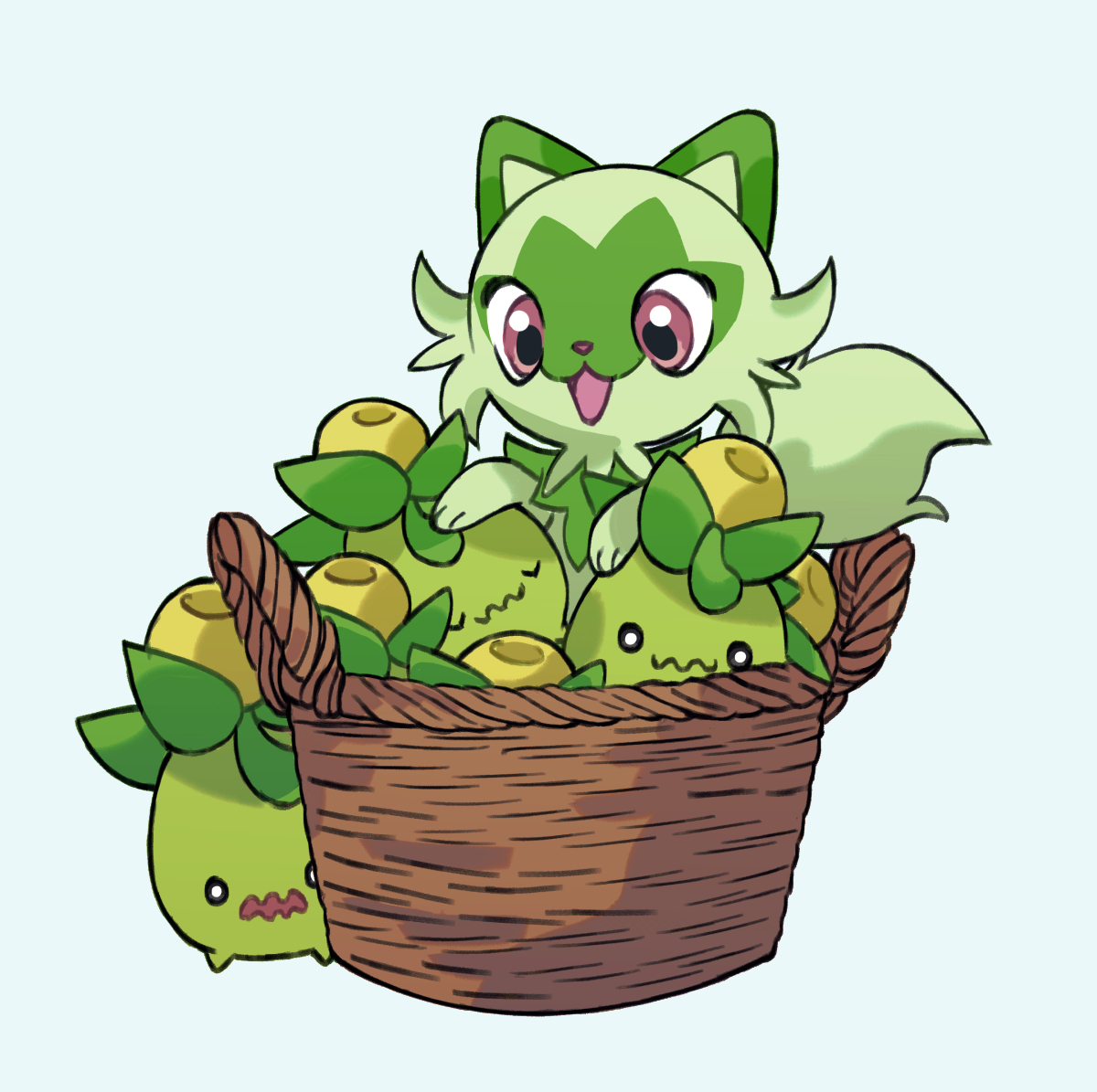 yumbrite's tweet photo. Sprigatito and a bushel of smoliv. [pokemon] https://t.co/olrTrsyQYH