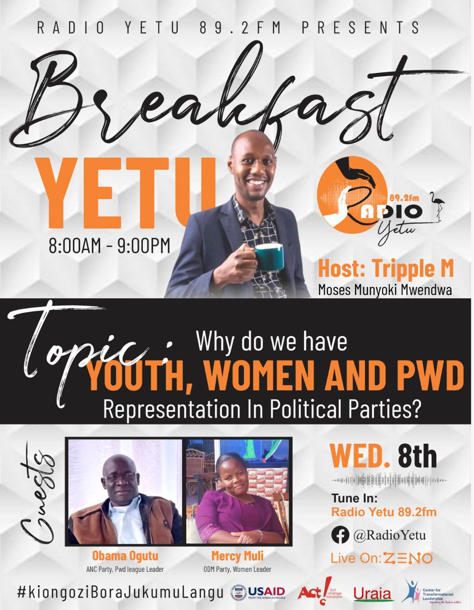CTL Kenya (@ctlkenya) on Twitter photo Join us tomorrow in the morning on <a href="/radio_yetu/">Radio Yetu</a> from 8AM to 9AM. We will be discussing the representation of Youth, Women and PWDs in Political Parties Join us tomorrow in the morning on <a href="/radio_yetu/">Radio Yetu</a> from 8AM to 9AM. We will be discussing the representation of Youth, Women and PWDs in Political Parties