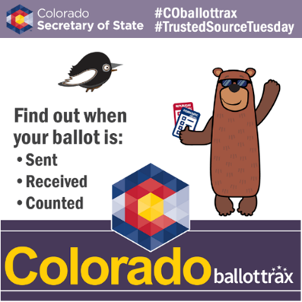 COSecofState's tweet photo. For #TrustedSourceTuesday we are reminding enrolled BallotTrax voters of the messages they might receive. All enrolled voters will receive updates throughout the process when their ballot was sent, received, and counted. https://t.co/4pFgzRUKYg