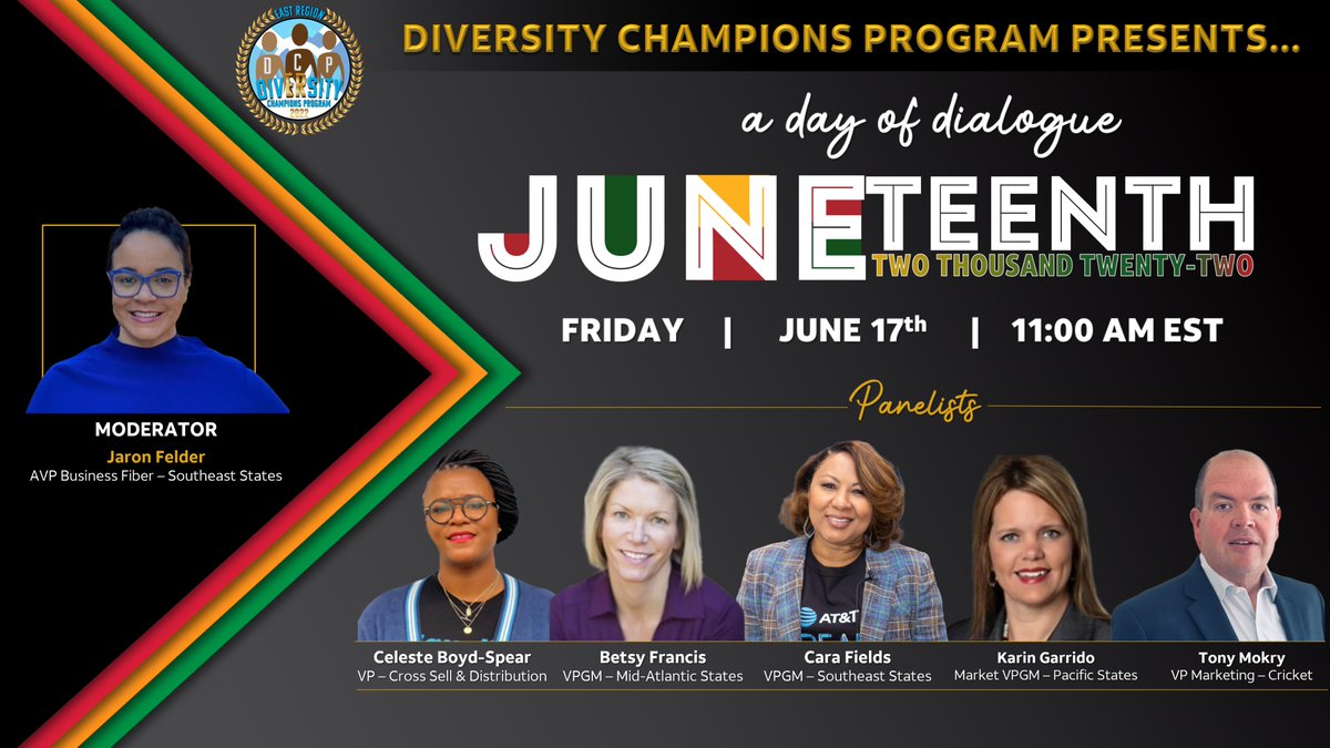 Hey East Region, join us for a panel discussion moderated by @MrsJaronfelder and featuring an incredible panel! Don't miss out on A Day Of Dialogue: Juneteenth presented by DCP on June 17th at 11AM EST!