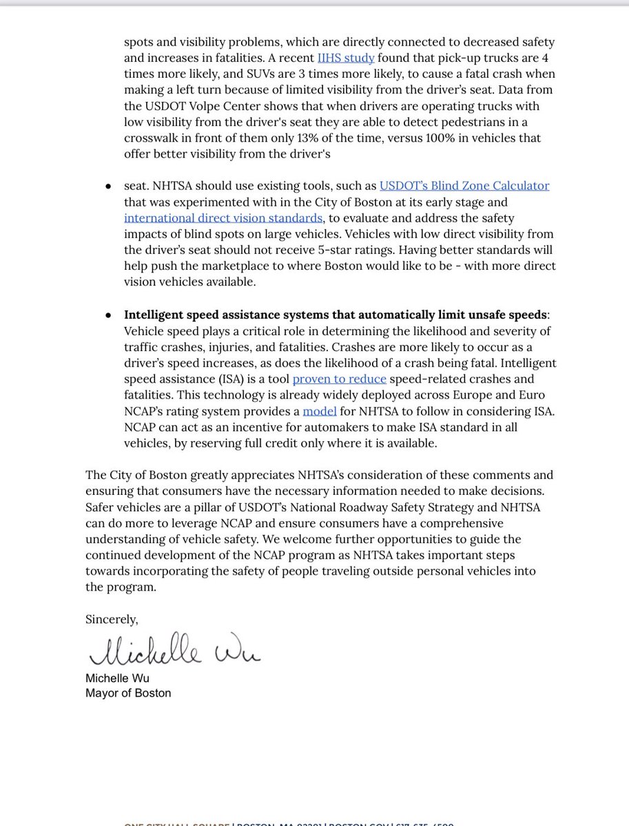 BostonBTD's tweet photo. For too long, vehicle safety ratings have only taken into account passengers in the car. @MayorWu submitted comment this week to the National Highway Traffic Safety Administration calling for car safety ratings to strongly incorporate the safety of all those on our streets. https://t.co/NS0knZXkUd