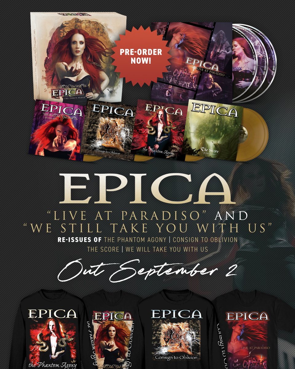 Epica's tweet photo. Which version of ‘We Still Take You With Us’ are you snagging? Click through👉to see all formats and merch.
💿 https://t.co/EP3Dca4Fbh 💿
This will be the 1st chance EVER to get ‘Live at Paradiso’ officially and the 1st in a while for ‘We Will Take You With Us' and our 1st 3 LPS. https://t.co/sDOnsootSk