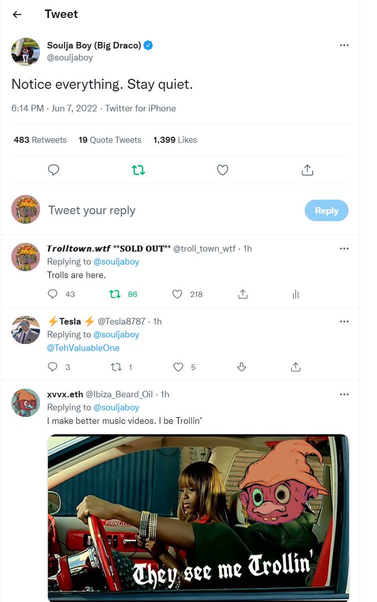 Last thing....

It WORKS.

Click this Tweet and read the comments:
x.com/souljaboy/stat…

Hundreds post per day like that. Filled with trolls. On ALL celebrities and NFT profiles? Viral...

Undeniable exposure.