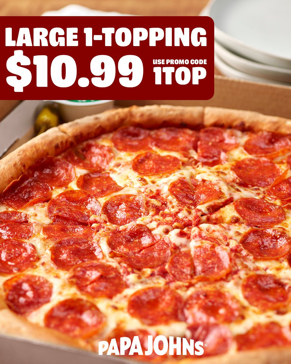 Order your favorite one topping Papa Johns Pizza today for $10.99! 

Use promo code: 1TOP when you order online or via our app! 

#BetterIngredientsBetterPizza #PapaJohnsPizza #PapaJohns