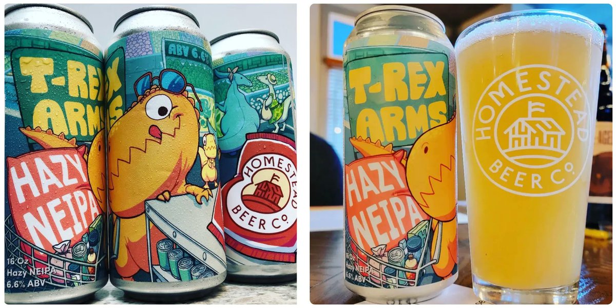 HeidelbergDist's tweet photo. What T-Rex Arms lack in length they clearly make you for in taste!  🦖 🍻 This gently-tropical, hazy IPA from @HomesteadBeerCo is as delicious as the can is cute #OhioCraftBeer #HeidelbergDistributing https://t.co/Lq8uzZXgKu