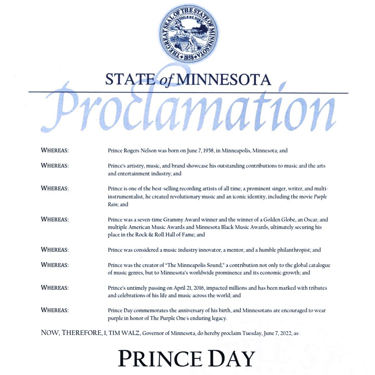 The State of Minnesota proclaimed today, June 7th, as Prince Day. Although Prince did not celebrate his birthday, we take this opportunity to recognize his artistry, influence and philanthropy. #PrinceDay