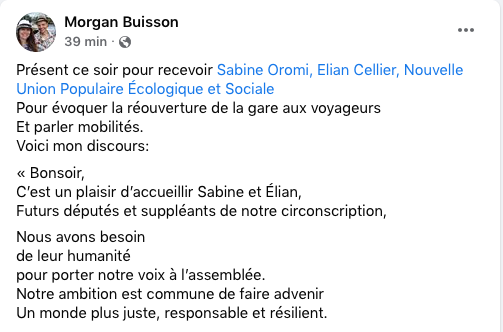 OromiSabine's tweet photo. Merci Morgan pour ton accueil et pour ton discours. 
Le transport public écolo et accessible, ce n'est pas qu'en ville et cela doit aussi être possible dans notre circo ! On se battra pour à l'Assemblée ✌️✌️
#Gard #circo3003 #NUPES #legislatives2022 https://t.co/fvhrFj8eiO