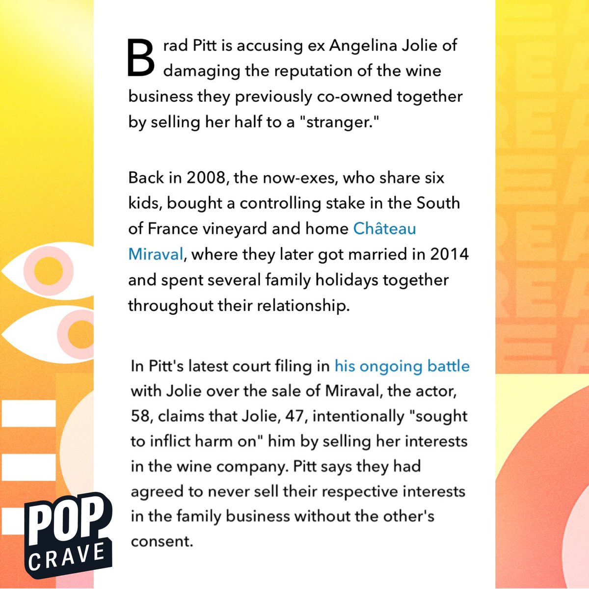 PopCrave's tweet image. Brad Pitt accuses Angelina Jolie of trying to “inflict harm” on him by selling her share of their wine company. 

🔗: people.com/movies/brad-pi…