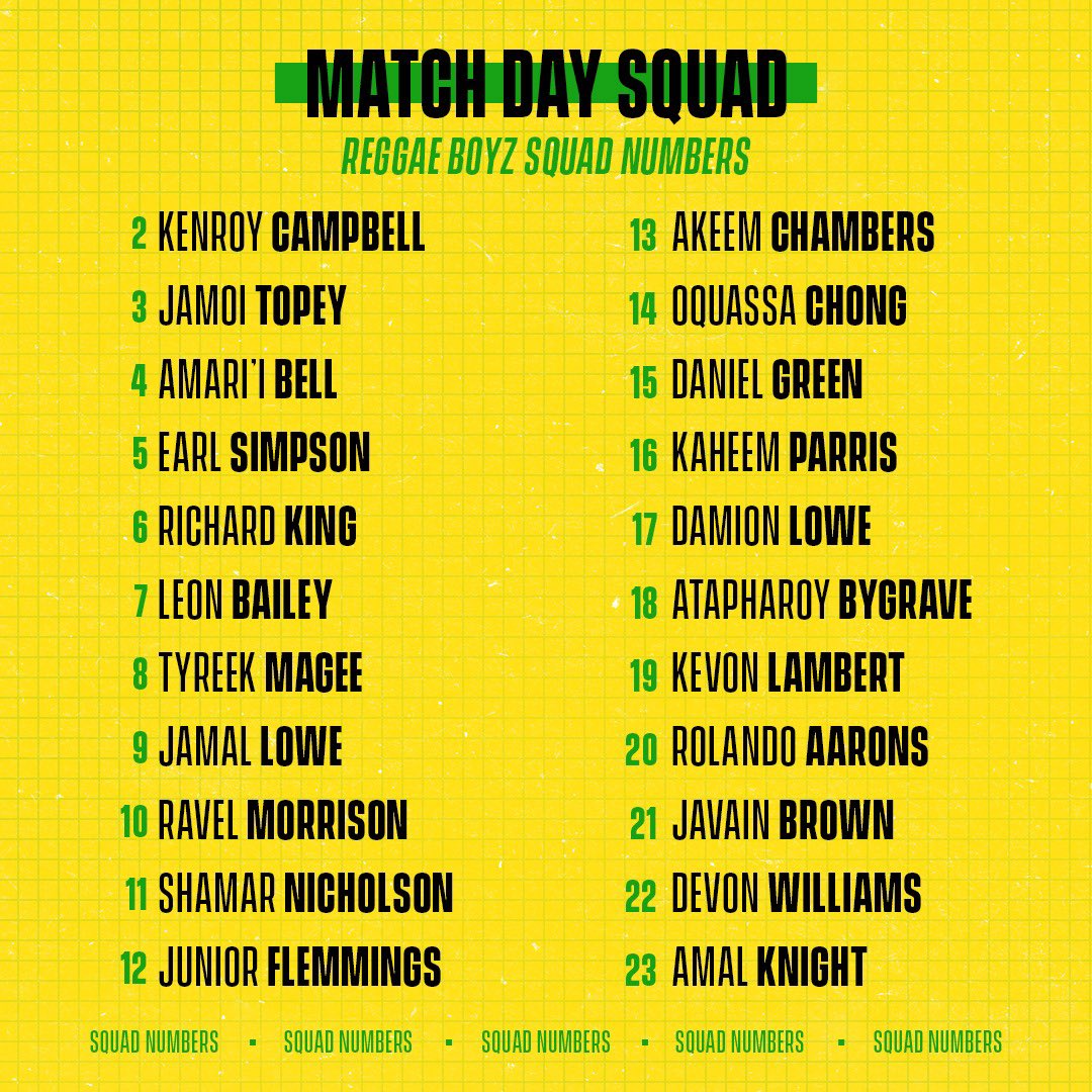 Match Day Squad for the return leg #JAMSUR

🆚: Suriname 
🗓: Jun. 7
🕕: 8:00 pm (JA/EST) 9:00 pm (ET)
📍: Kingston, Jamaica
🏟: National Stadium 
🎫: linktr.ee/jff_football
.
#ReggaeBoyz #CNL #JFF_Football