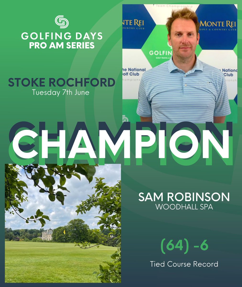Congrats <a href="/Samrobinsongolf/">Sam Robinson</a> on a superb score of 64 (-6) today <a href="/StokeRochfordGC/">Stoke Rochford GC</a> tying the pro course record set in 2008. Sam goes home with a cool £1k for his efforts 👏👏👏👏