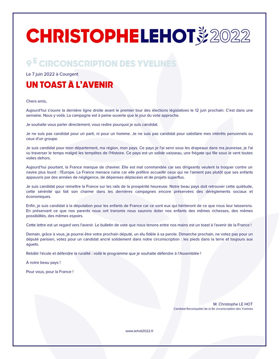 Christophe_LH_'s tweet photo. Nous y voilà. Plus que quelques jours avant le Jour J. 🇫🇷

Un petit mot que je souhaitais vous transmettre directement. 🇫🇷

Dimanche prochain donnez moi votre confiance pour porter votre voix au Palais Bourbon sans jamais oublier le pays réel. 🇫🇷

#legislatives2022 #Zemmour https://t.co/nk7DoA23UD