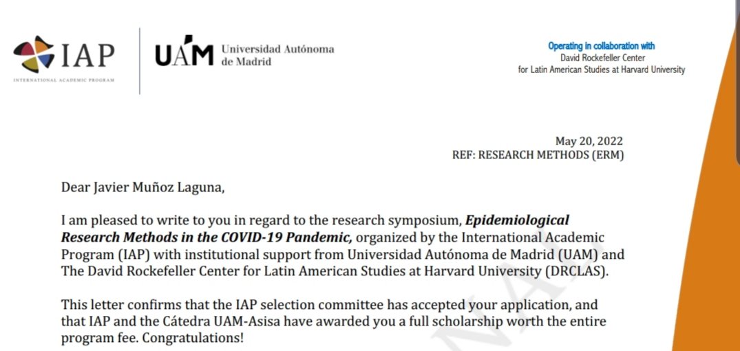 Thank you, IAP + Cátedra UAM-Asisa, for the generous scholarship. I can't wait for this #epimethods symposium later this month. Lucky to learn from the very best during that week: Profs. Hernández Díaz, @_MiguelHernan, @AndrewLBeam @yhgrad @barbradickerman @AlejandroSzmul1