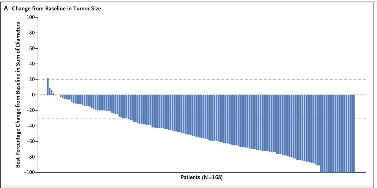 CDebyaniPhD's tweet photo. It's not everyday you see a waterfall plot like this. No wonder #ShanuModi got a standing ovation @ #ASCO22!

The disease-control rate = 97.3% (95% CI, 93.8 - 99.1) &amp; clinical-benefit rate = 76.1% (95% CI, 69.3 to 82.1) in pts w/ T-DM1 pretreated HER2+ metastatic breast cancer https://t.co/AxQDDvVYRy