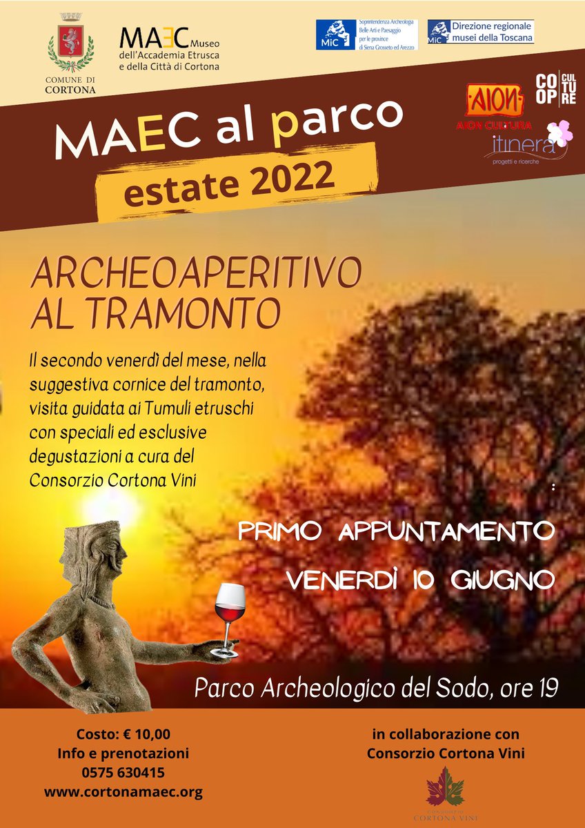 Venerdì 10 giugno primo appuntamento al tramonto per un aperitivo al Parco archeologico del Sodo di #Cortona