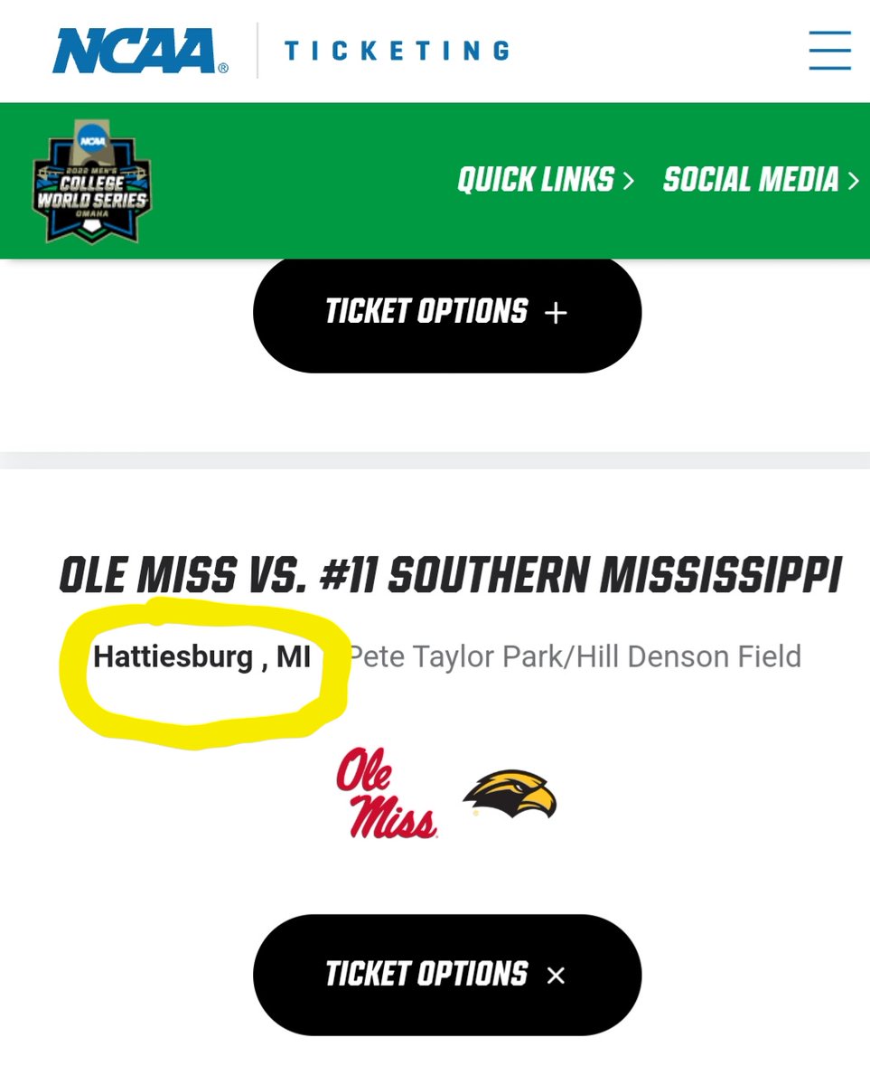 Drew_Edwards4's tweet photo. @NCAABaseball Not a good look. Hattiesburg, MS not Hattiesburg, MI. Can y'all please get this changed? https://t.co/LfJWhsjSuU