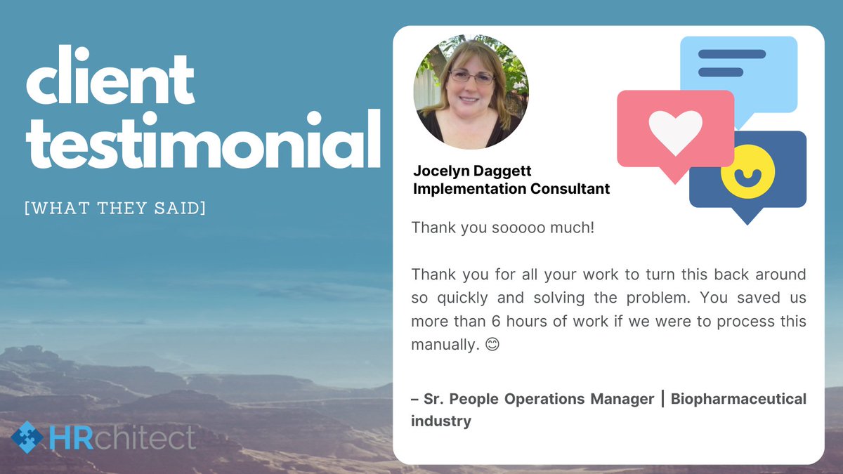 HRchitectNews's tweet photo. ⭐TESTIMONIAL TUESDAY⭐
Shout out to HCM Implementation Consultant, Jocelyn Daggett, for her expertise on a template that saved our #biopharmaceutical client many hours of extra work!
#HRtech #UKG #clientcomment #HCM #implementationpartner #UKGPro #payroll https://t.co/qvmyRVv1aw