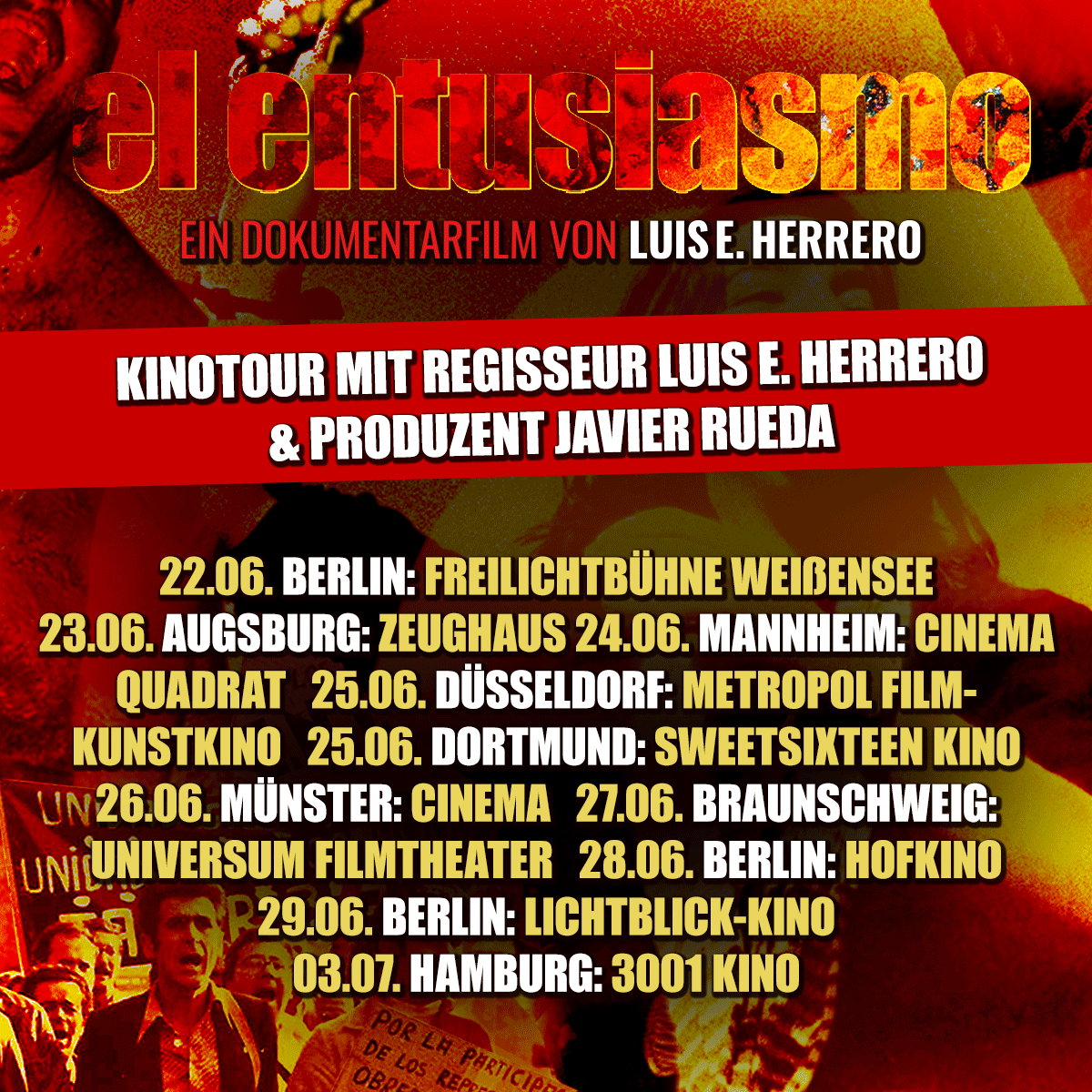 FAUGewerkschaft's tweet photo. Die »El Entusiasmo«-Kinotour steht! Vom 22.6. bis 3.7. habt ihr die Gelegenheit, den großartigen Film im Vertrieb von @sabcat_media im Beisein des Regisseurs Luis und des Produzenten Javier zu sehen und zu diskutieren.
https://t.co/qwLkyLs2pN https://t.co/ZBhV9lJ9mu