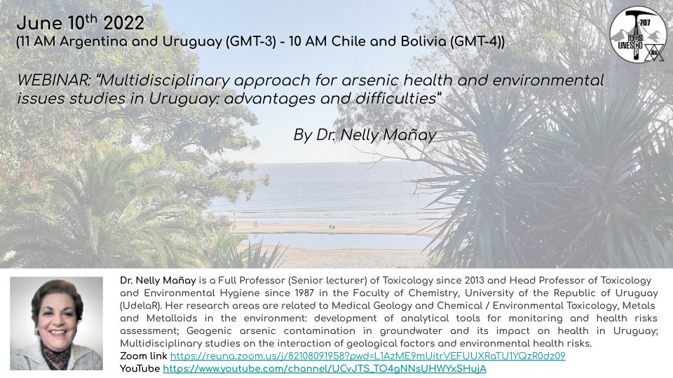 Este viernes 10 de junio el <a href="/707igcp/">IGCP 707</a> presenta a la Dra. Nelly Mañay con la charla "Multidisciplinary approach for arsenic health and environmental issues studies in Uruguay: advantages and difficulties". Conectar a través del link: reuna.zoom.us/j/82108091958?…