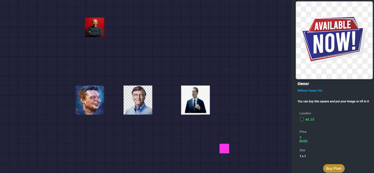 Imperialfinio's tweet photo. Seems like we found our theme for our first pixel collage. Our holders want billionaire ceo? Or tech start up giants? You decide who needs to be on the collage. Buy your pixel nft today. https://t.co/wong4FC9HR. #nftcollectors  #nftart #Binance #BNB #BUSD #Web3 #passiveincome https://t.co/26zGAlsPMd