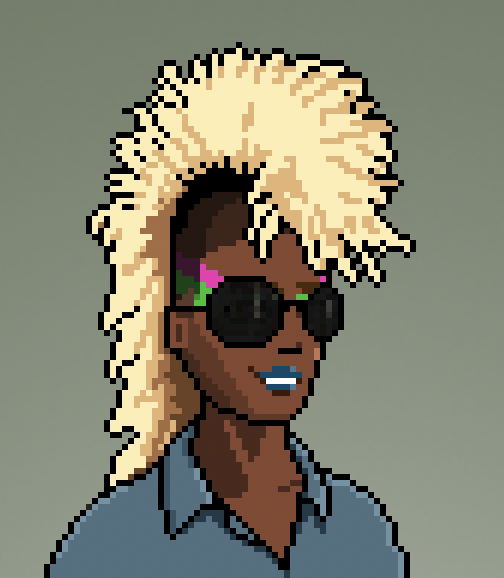 'I do rock the sunglasses. To a rude point, at times. But I don't care, it's my first defence. I'm shy, so I've gotta have something. I need some protection, man!'

#NFT #NFTCommunity #pixelart #pfp #pfpNFT