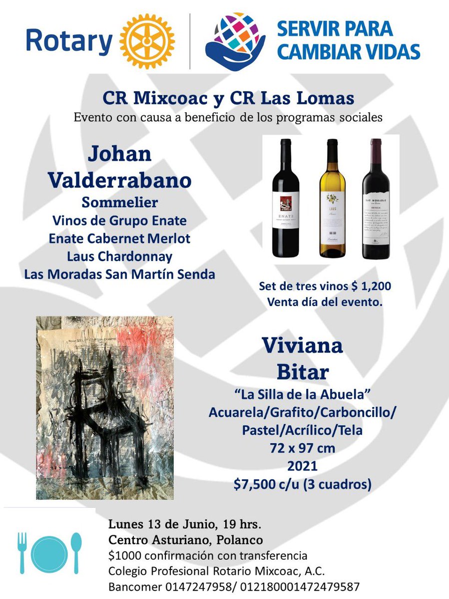 Cena, cata arte a beneficio de los programas sociales de CR Las Lomas y <a href="/crmixcoac/">Club Rotario Mixcoac</a>