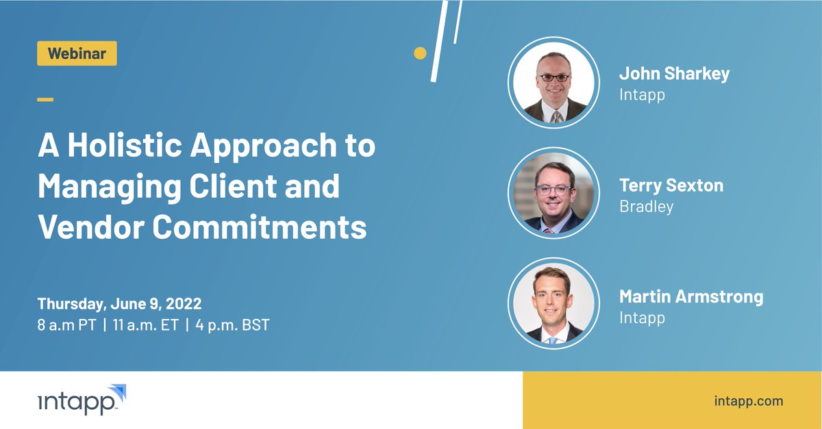 intapp's tweet image. Register now to join us  on 6/9/22 for Intapp Terms Webinar: A Holistic Approach to Managing Client and Vendor Commitments. Learn how your firm can ensure compliance with client commitments using new vendor terms functionality in #IntappTerms. bit.ly/3KWhoA1 #LegalTech