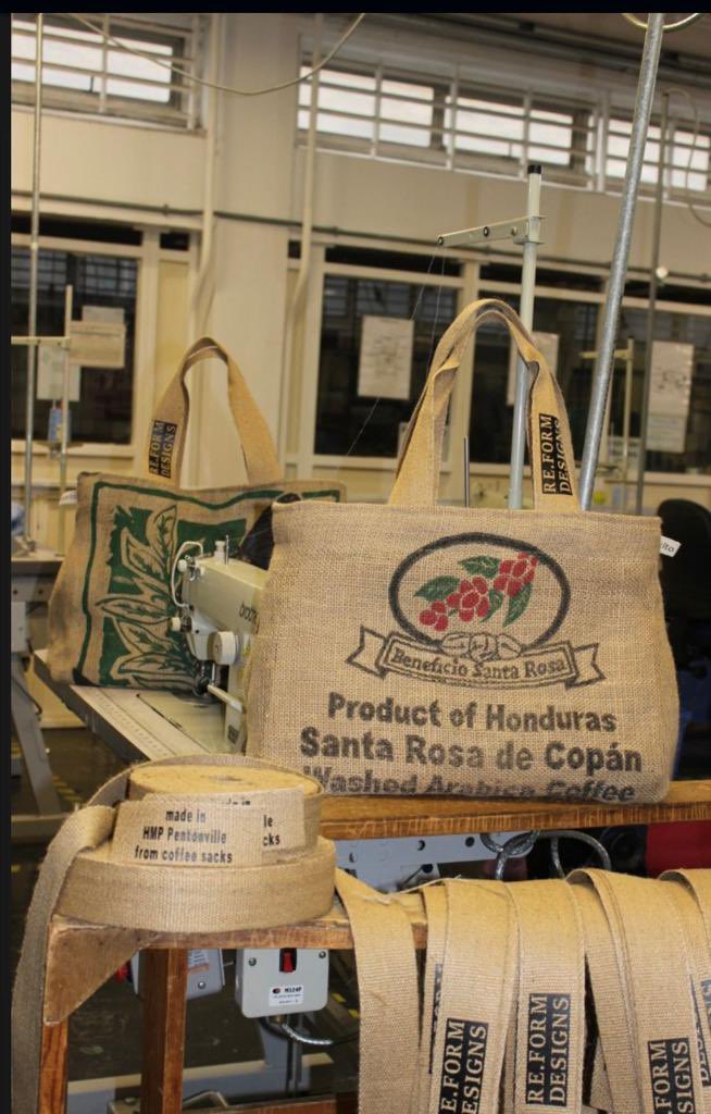 Tabacaria's tweet photo. From coffee sacks to shopping bags. The @SackitoBags  are cut and sewn in @HMPPentonville’s  workshop giving residents the opportunity to learn new skills and gain valuable work experience. https://t.co/yHebUsH91t #reformdesign #prisoneducation #recycle https://t.co/085dJKWQeF